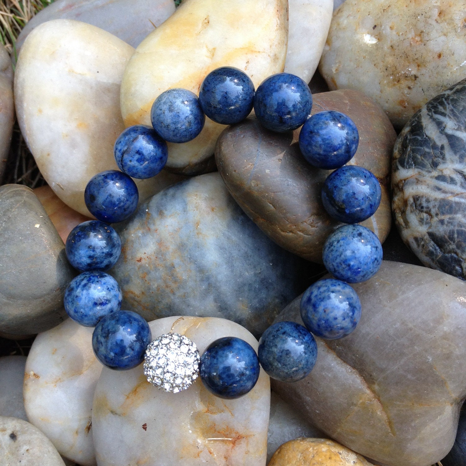 Denim Blue Sololite Stone Stretch Bracelet with Crystal Pave Ball.