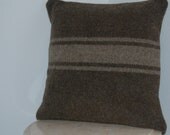 1940s 1950s Italian Military Woolen Olive Square Pillow Gray Triple White Stripe Handmade Upcycled Vintage Wool Blanket 14 x 14