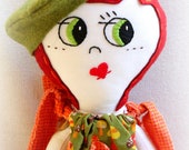 Hand Embroidered Soft Cloth Doll. Custom made Rag Doll. Art Cloth Doll with Handmade Custom Doll Clothes and Felt Hat Accessory