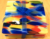 SALE--Fused Glass Coasters, Set of 4, Red Yellow & Blue on White Glass--Free US Shipping
