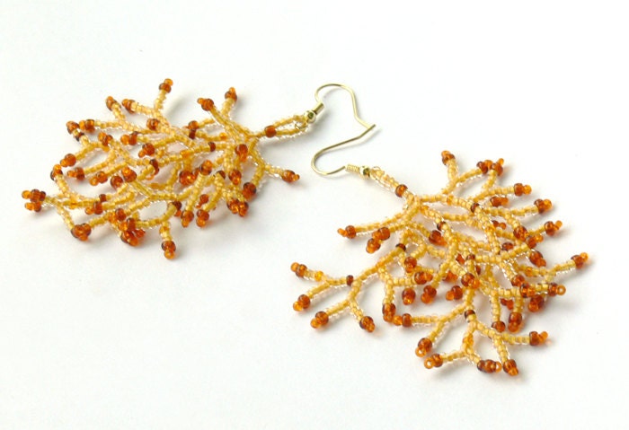 Yellow  Earrings.  Beaded Dangle Long  Earrings. Beadwork. Handmade Jewelry