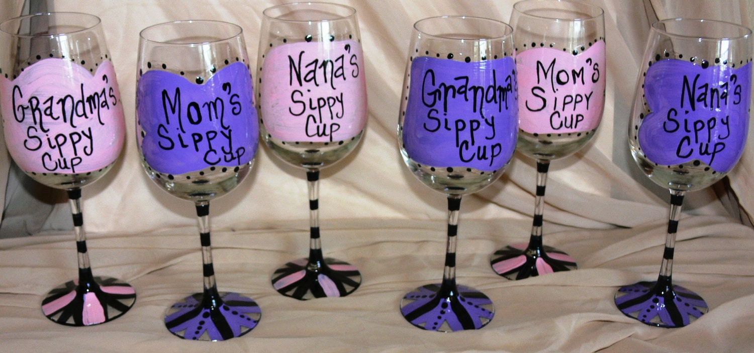 Fun Hand Painted "Sippy Cup" or "Mom's Juice"  Wine Glasses - Free Personalization