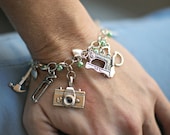 Crafty DIY Girl Charm Bracelet w/  Mint Colored Beads and Sewing Machine, Kitchen Mixer, Hammer, Camera, Yarn Charms and More