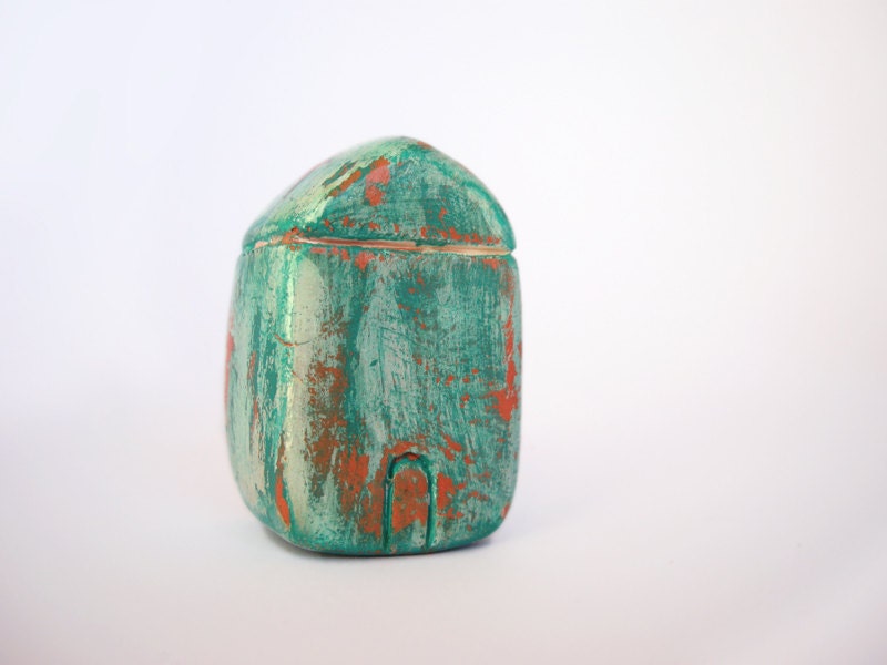 Turquoise miniature clay house - Rustic tiny home decor - terracotta