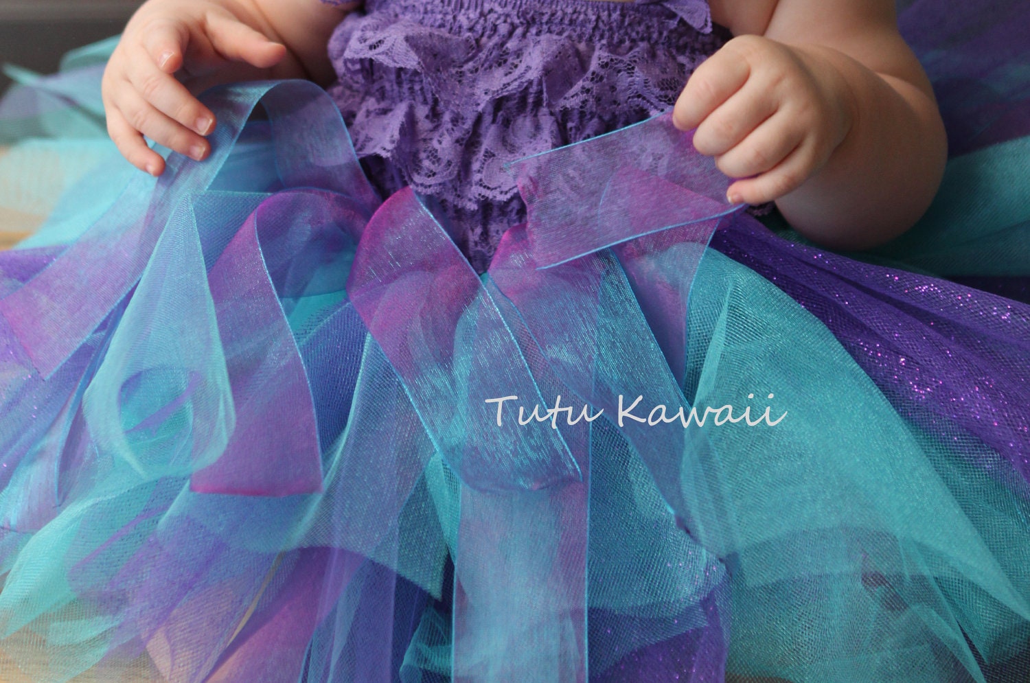 5pc-Aqua and Purple Shimmer Ribbon Glitter Infant Tutu Outfit/ Matching Romper, 2 Flower Headbands, and Wings, Baby Tutu, FREE SHIPPING - TutuKawaii