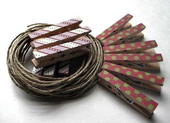 12 Mini Christmas Clothes Pins with Twine
