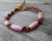 Brown Hemp bracelet with pink swirl wooden beads Eco friendly jewelry