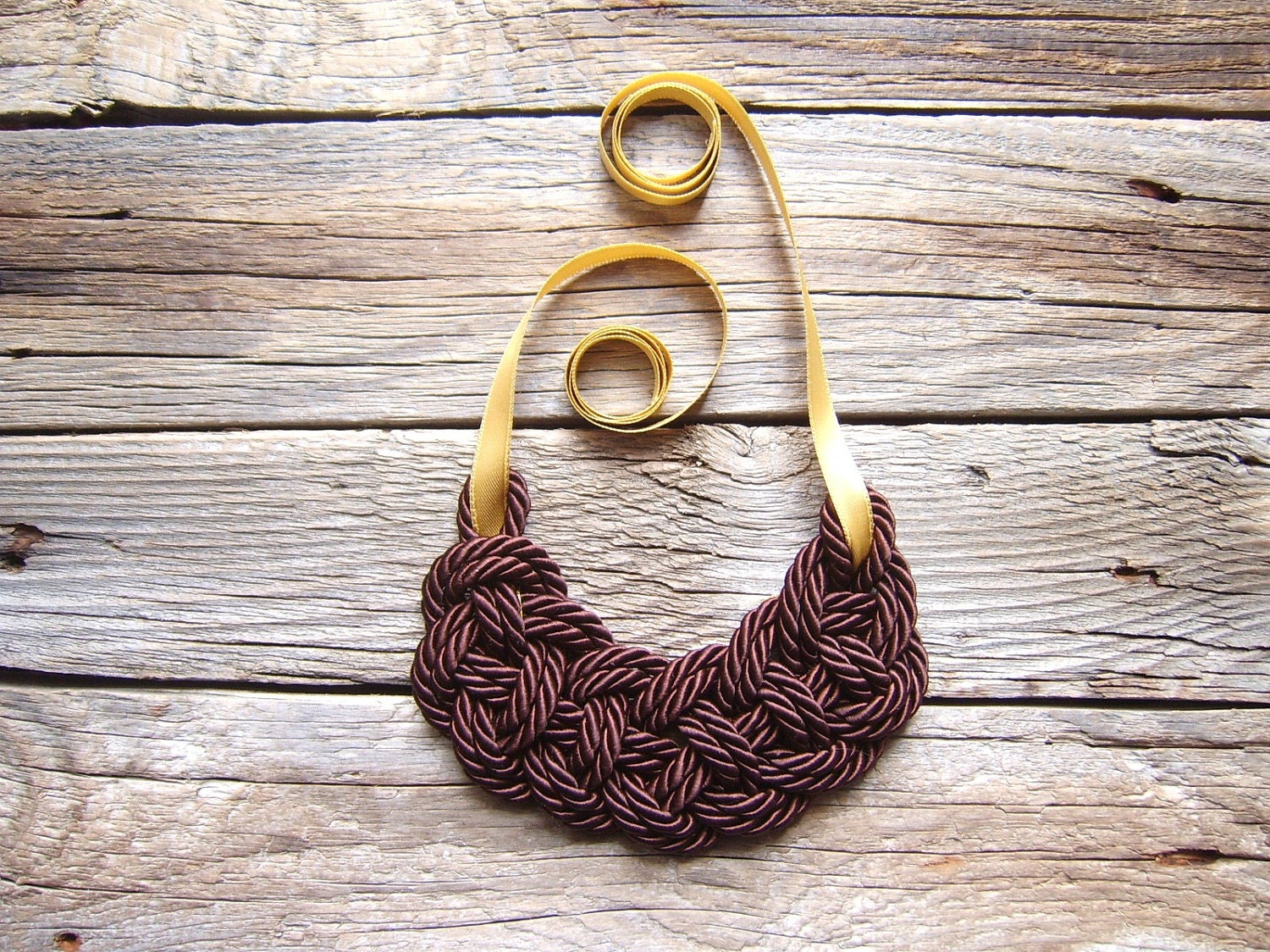 Brown Rope necklace Satin ribbon and rope Brown Gold