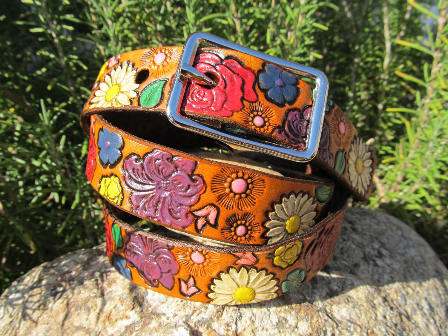 Hand Painted Tooled Leather Belt - Flowers- 1 inch wide - Adult and Kid sizes or a luxurious collar