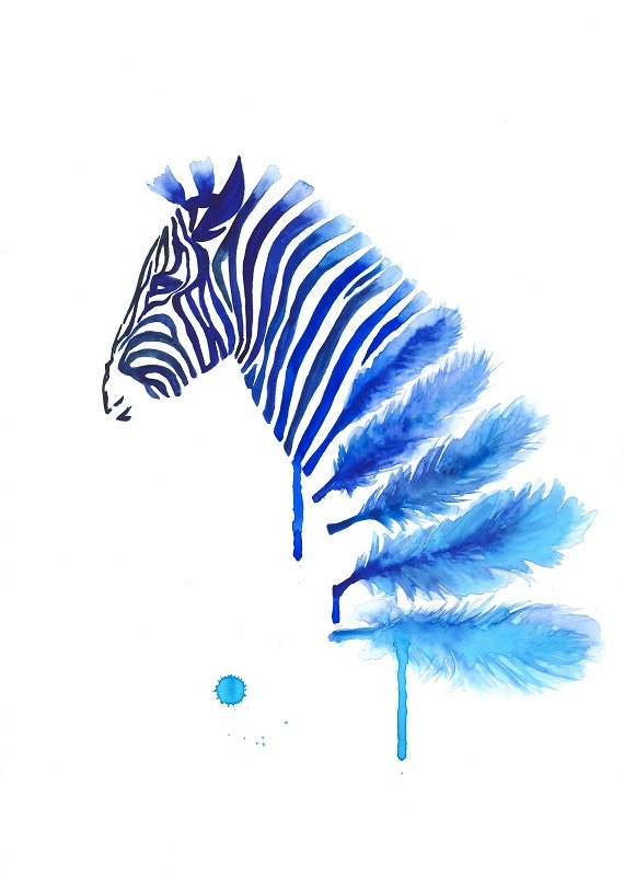Blue Zebra Art Print A3, Large Wall Art Home Decor, Feather Art, Modern art, Zebra Feather Watercolor