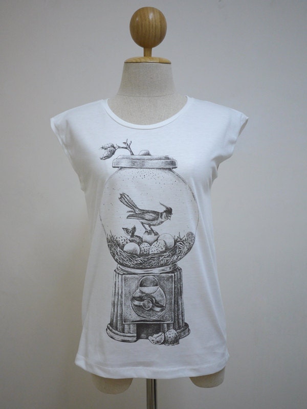 Bird Nest in Gum Ball Machine (Size S) : Bird and Eggs Animal Art Style Sleeveless White T-Shirt Women Tank TShirt Screen Print Cotton