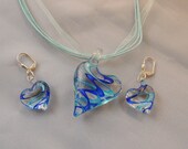 Blue Swirled Lampwork Glass Heart Necklace and Earring Set, Heart Jewelry. A223