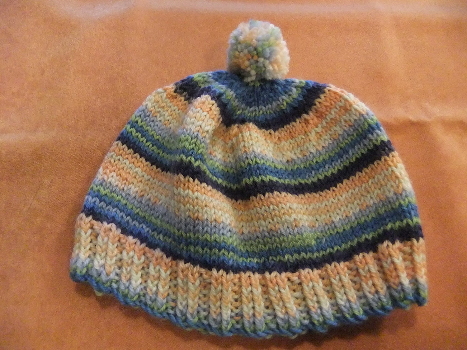 Handmade Knit Hat Boy Girl Newborn Baby  Beanie Hat Blue Orange White Green with Pompom