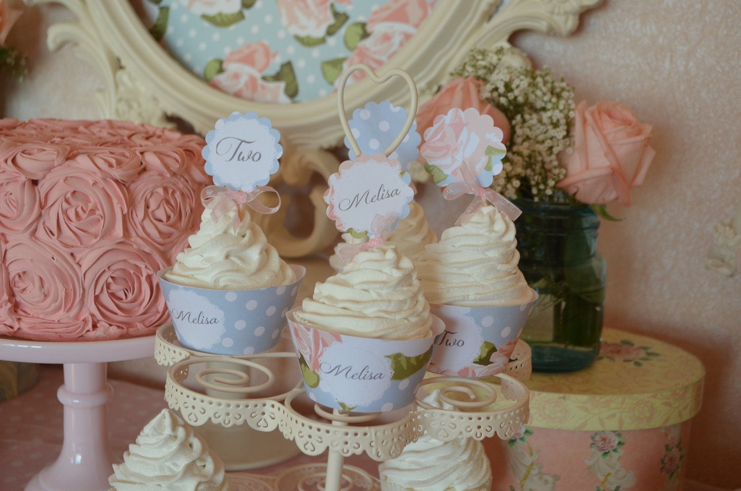 Shabby Chic English Roses and Polka Dots Garden Tea party Cupcake circles,party tags