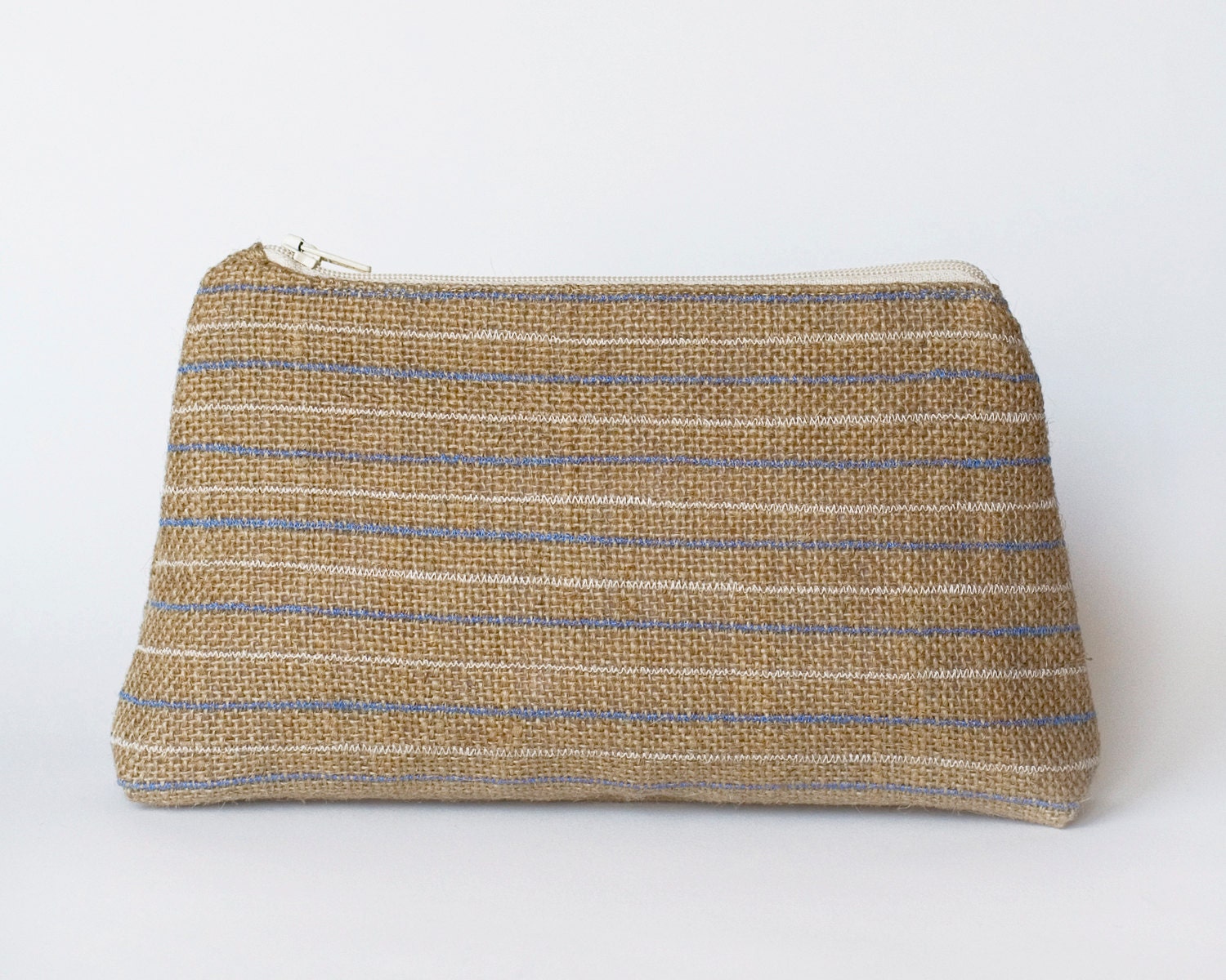 Hessian / Jute / Burlap zip pouch, make up bag - blue and white stripes - SeaBreezeStore