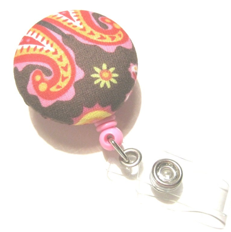 Retractable ID BADGE Reel Holder, Lanyard-Cute Brown Pink Yellow Paisley