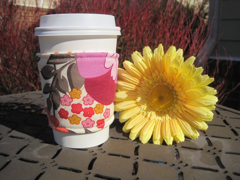 Reversible Coffee Cozy... Sleeve... Java Jacket - Pink Orange Flowers, Polka Dots - Slip On, Washable