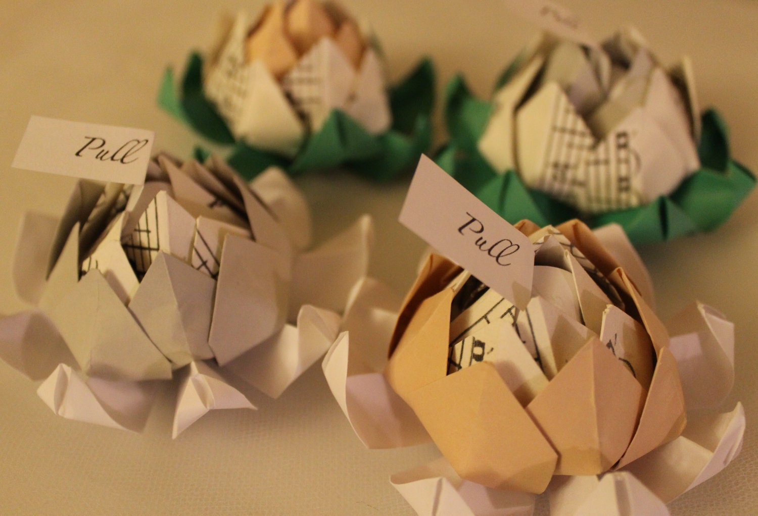 One Hundred (100) Origami Lotus Blossom Favours with Personalized Message (Sheet Music Accent) -Alternative Wedding Flowers