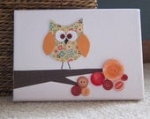 Children's Room Canvas Art, Nursery decor,  5 x 7, owl on tree branch, red and orange, cute as a button