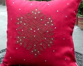 Red Snowflake Christmas Throw Pillow Cover - 16 x 16 Traditional Raw Silk Cushion with Gold Thread Aar Embroidery Indian Style