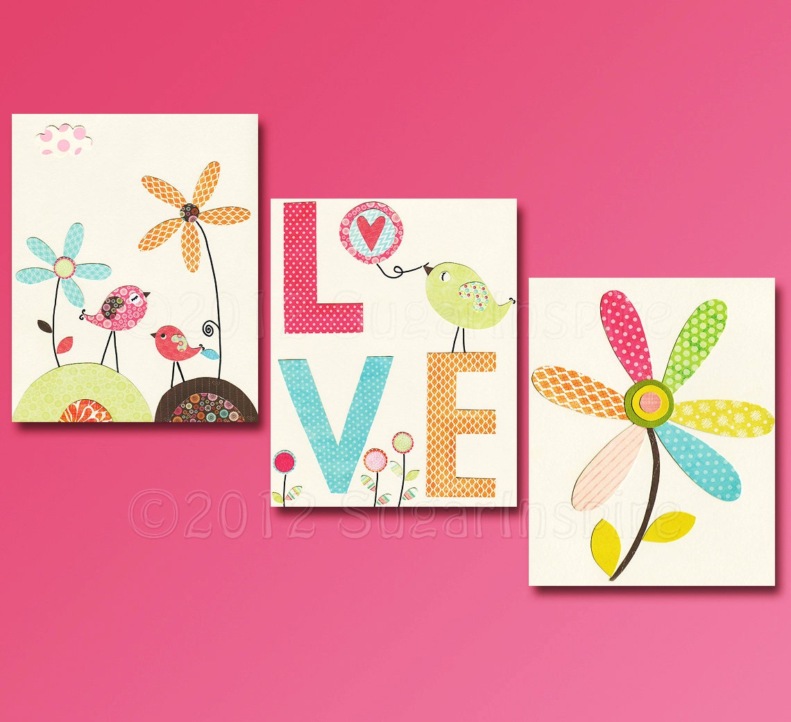 LOVE Nursery Art Print Set, Baby girl room, Kids Room Decor, Baby/Children Wall Art - Colorful, Birds, Flowers, Orange, Aqua Blue, Pink