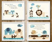 Safari Nursery Art Print Set, 8x10, Kids Room Decor, Baby/Children Wall Art -  Lion, Owl, Elephant, Turtle, brown and blue, turquoise, quote