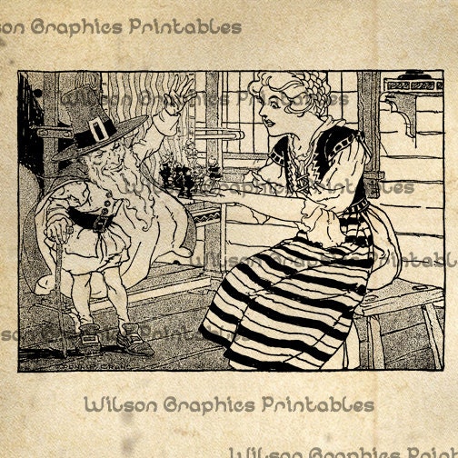 Vintage Rumpelstiltskin and Woman Illustration for Scrapbooking Print and Craft Projects