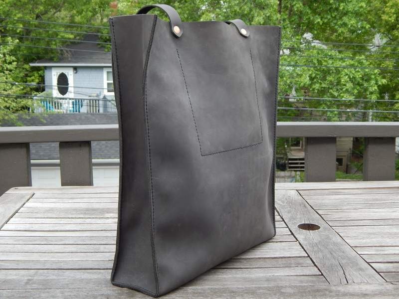 HANDMADE LEATHER TOTE Bag by Little Lion Man -  Slate Grey Book Bag Carry-All Luggage Briefcase Grocery Messenger Hip Hand Stitched