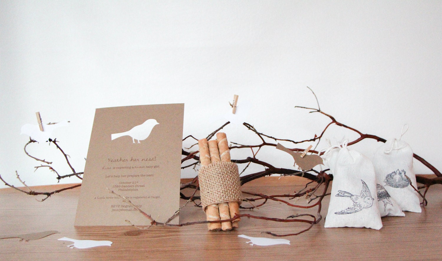 Feather Her Nest, Rustic Bird Baby Shower Invitations - Set of 10 - Includes FREE CONFETTI - ConfettiGrove