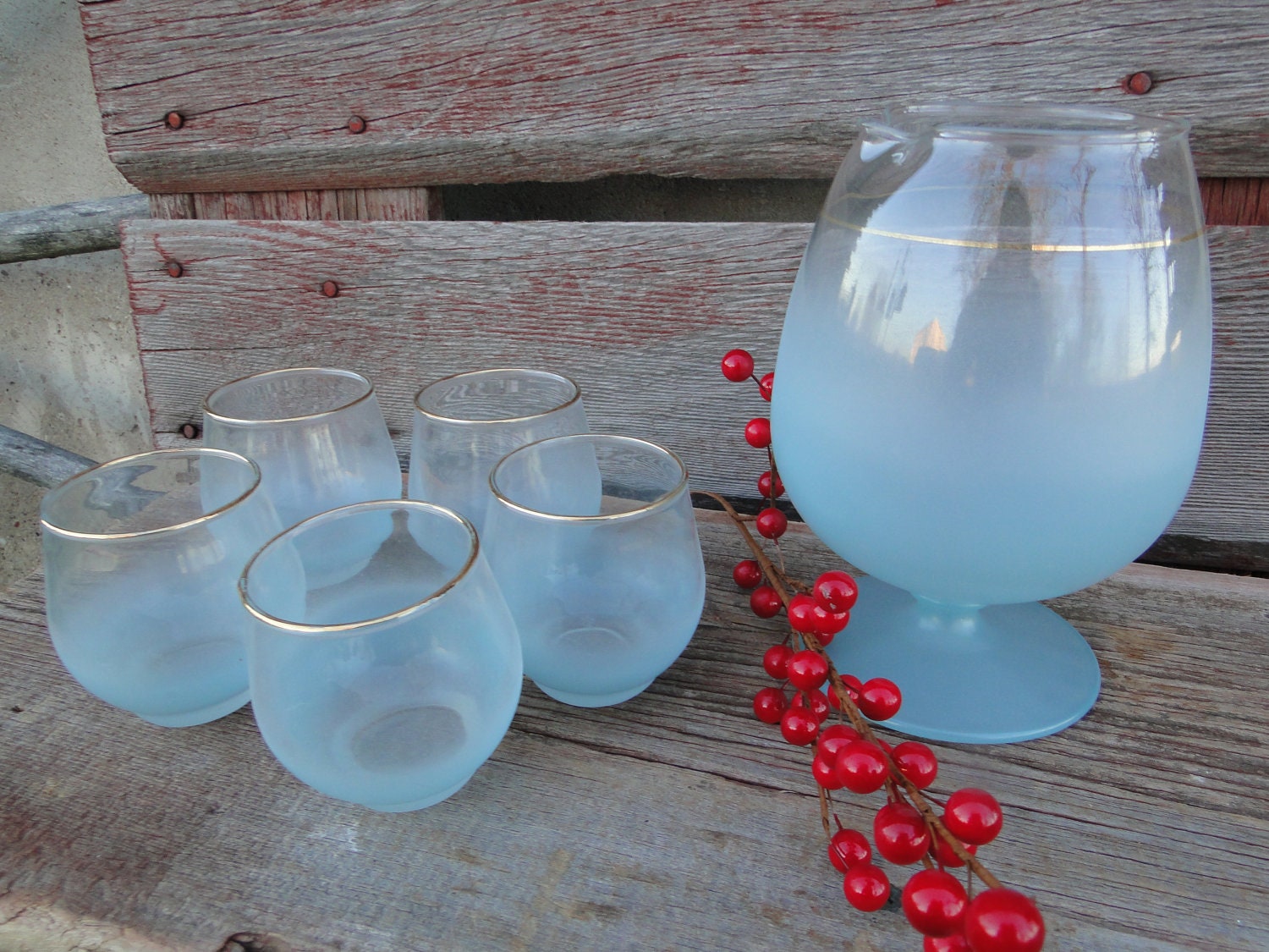 SALE Vintage Mid Century - Mad Men Era - Blendo Brandy Set - roly poly glasses - West Virginia Glass -frosted powered blue -1955