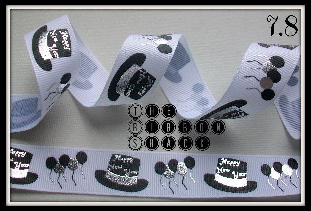 7.8 New Years Metallic Silver Hats and Balloons Grosgrain Ribbon Il_170x135
