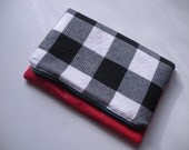 Black and White Buffalo plaid and Red Vegan Leather Fold Over Clutch with turquoise zipper