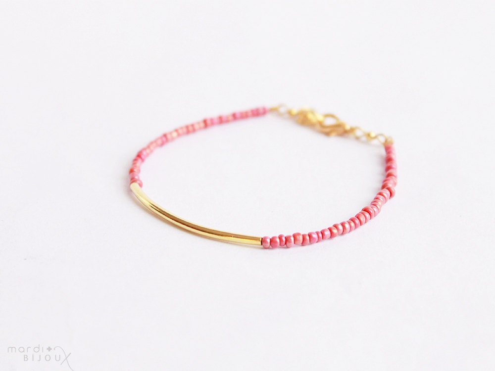 Coral gold beaded bar bracelet - curve friendship stacking layered modern everyday jewelry