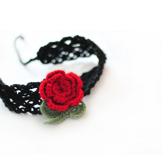 Crocheted Black Neckwarmer with Red Flower, Cowl Choker, pendant.