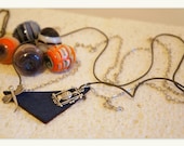 Lovely mixed media necklace with triangle shaped leather and vintage sterling silver charms, Rustic and nature jewelry, Antique, Handmade