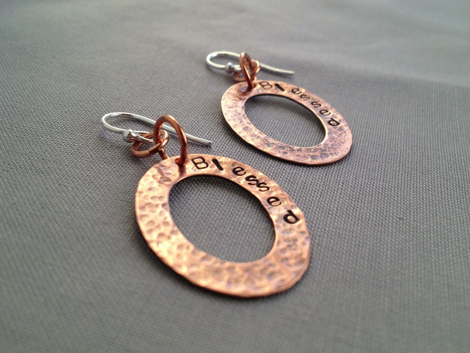 Blessed Textured Earrings, Copper Oval Washer Dangle Word Jewelry