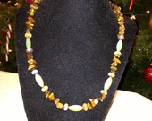 Moonglow Blue Czech Glass Spindle and Blue Green and Amber Picasso Rondelles Beaded Necklace
