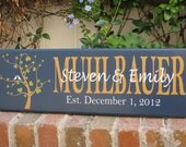 Personalized Family Name Sign, Last Name Sign,Weddings, Custom Painted Wood Plaque with "Heart Tree and Kissing Birds",Fathers Day