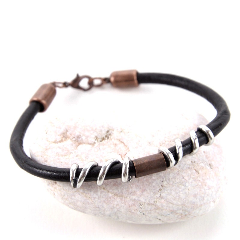 LEATHER HANDMADE BRACELET silver and copper tone urban modern bracelet unisex bracelet hypoallergenic jewelry