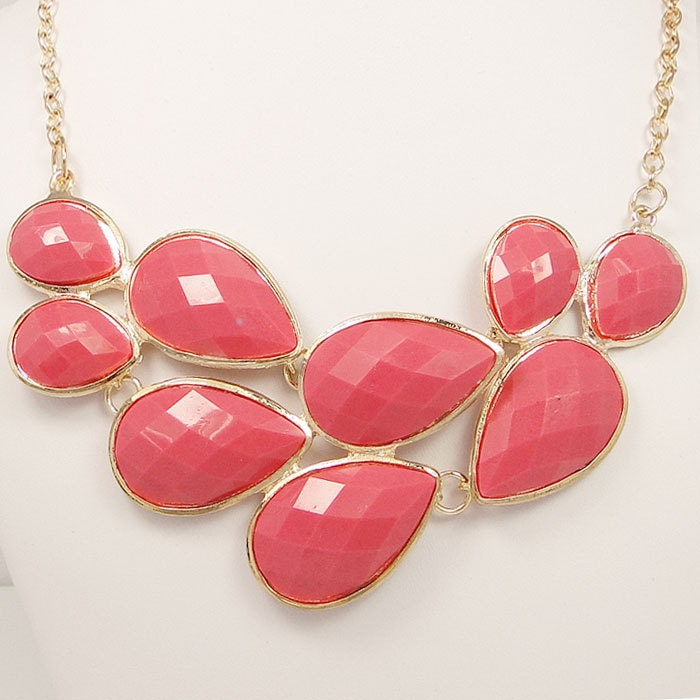 High Quality Gold Tone Statement Necklace, Pink Bib Bubble Necklace, Cluster Necklace, Chunky Necklace-116366341