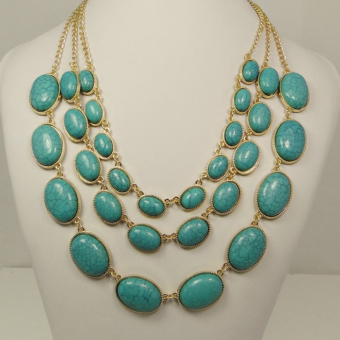 New 3 Strand Oval Rhinestone Statement Necklace, Turquoise Bubble Bib Necklace Beaded Jewelry, Cluster Chunky Necklace-117215878