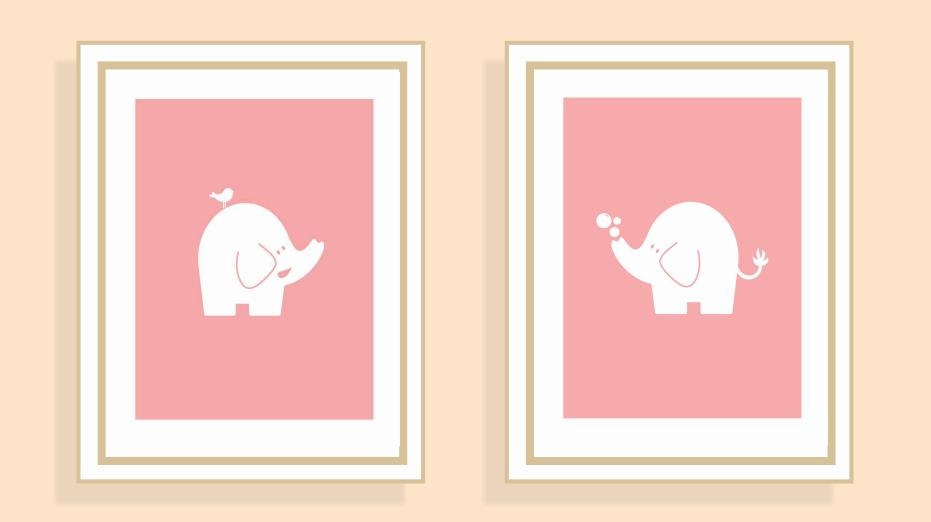 Nursery Wall Art, Set of Two, 11x14, Elephant, Art Prints, Baby Shower Gift, Childs Room