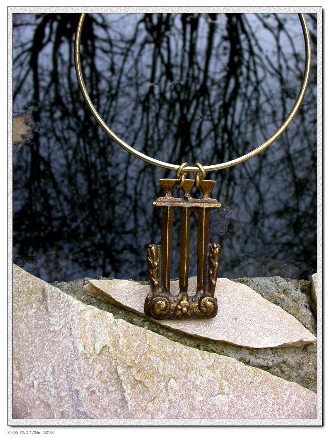 One of kind necklace antique gilt solid bronze vintage necklace gold bronze antique pendant hand forged ring