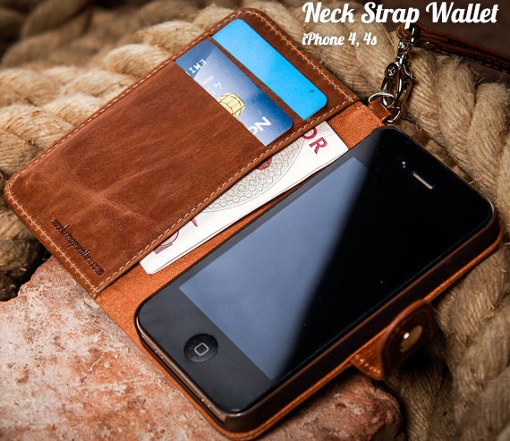 Neckstrap Wallet iPhone 4s 4, Italian hipster Case Brown Top-grain leather