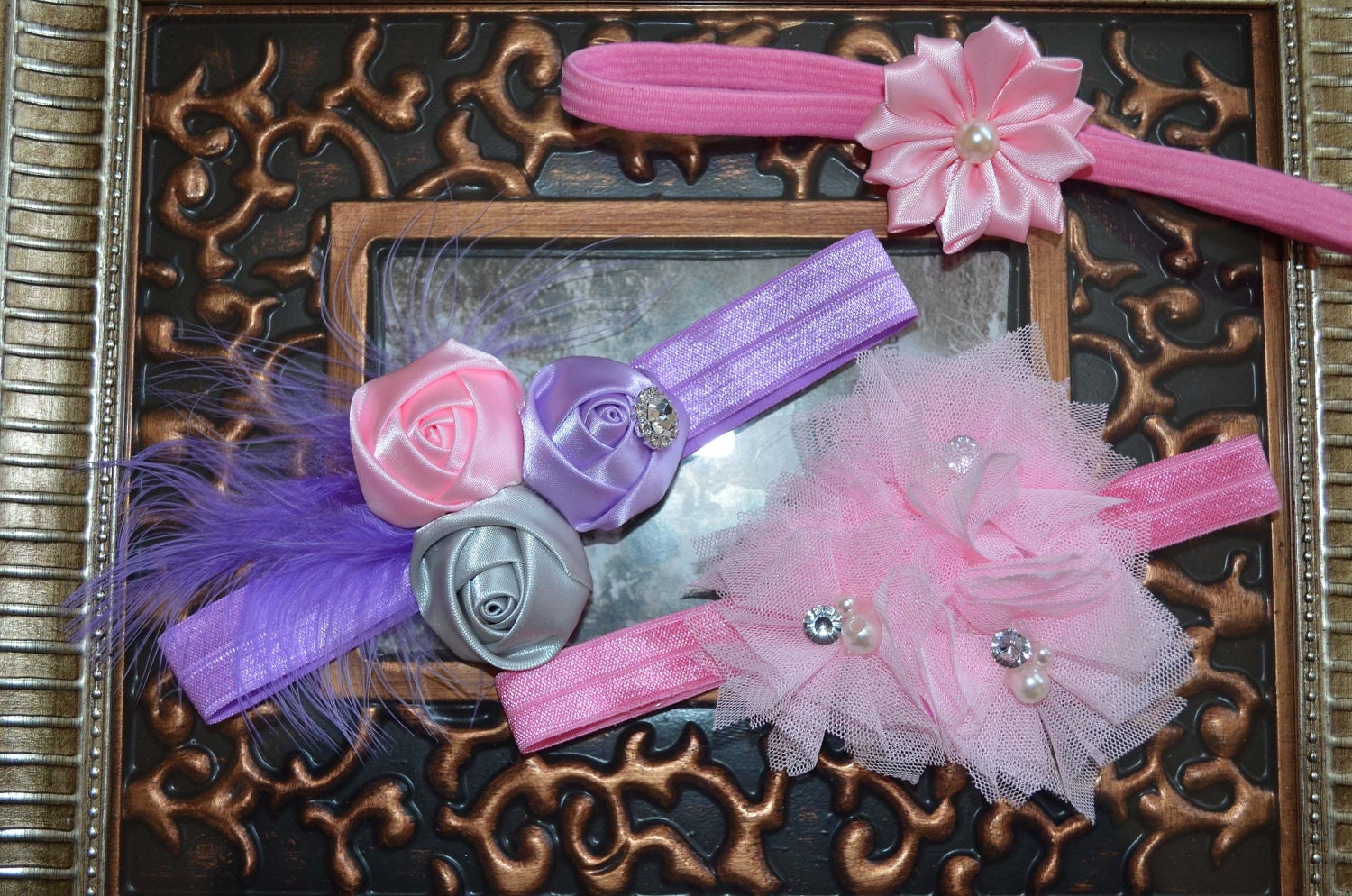 Christening Headband Baby Baptism Headband Pink Lavender Rose Shabby Chic Vintage Pretty Princess  Rose Special Occasion  Newborn Photo Prop