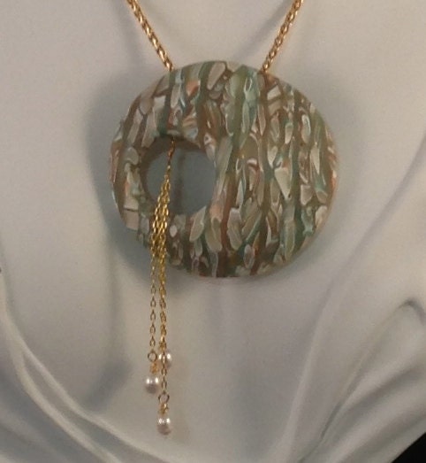 Pendant and Earrings Soft Verdigris and Pale Copper Translucent Polymer Clay Freshwater Pearls
