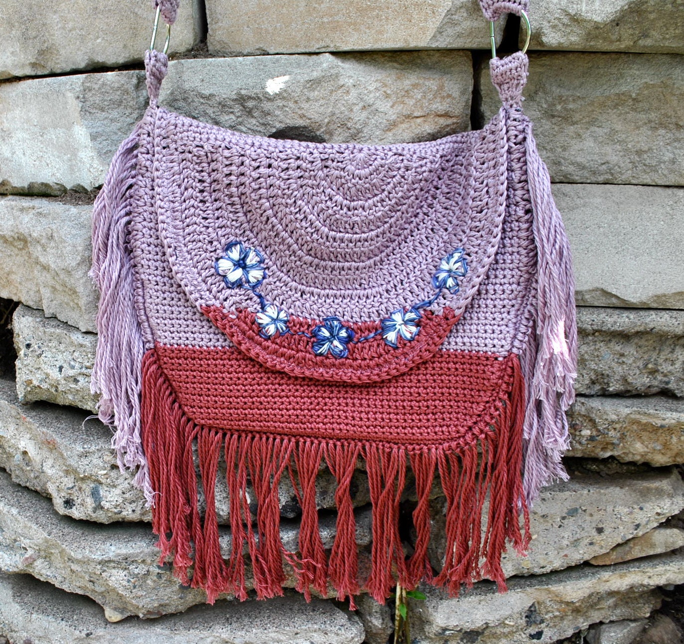Bohemian Hippie Chic Ombre Fringe Crochet Bag Purse Handmade Cotton Medium