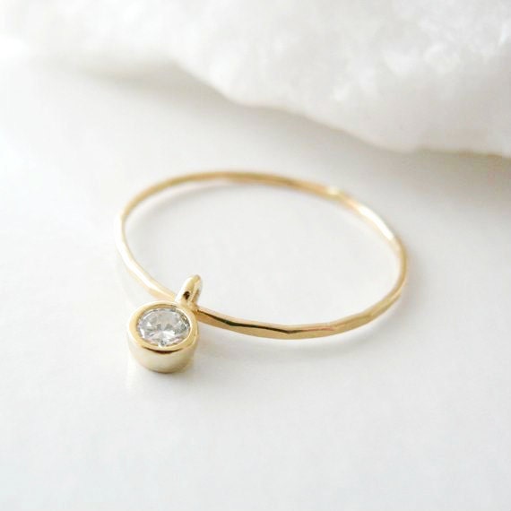 stacking ring - thin gold ring - gold bezel set solitaire ring with cz diamond - delicate gold glimmer ring by windowsill