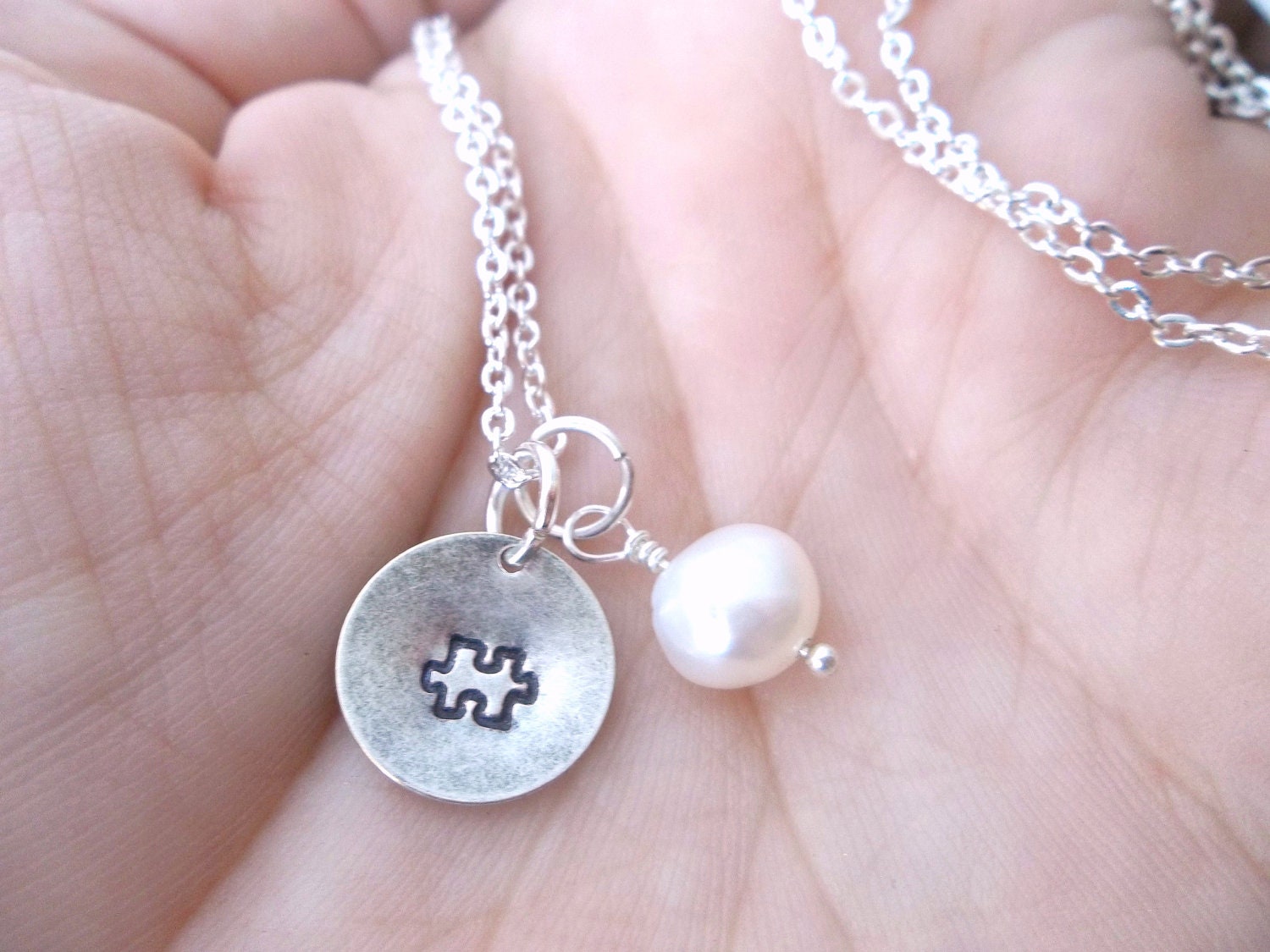 Autism Awareness Custom Hand Stamped Silver Necklace with puzzle piece and freshwater pearl - READY to SHIP