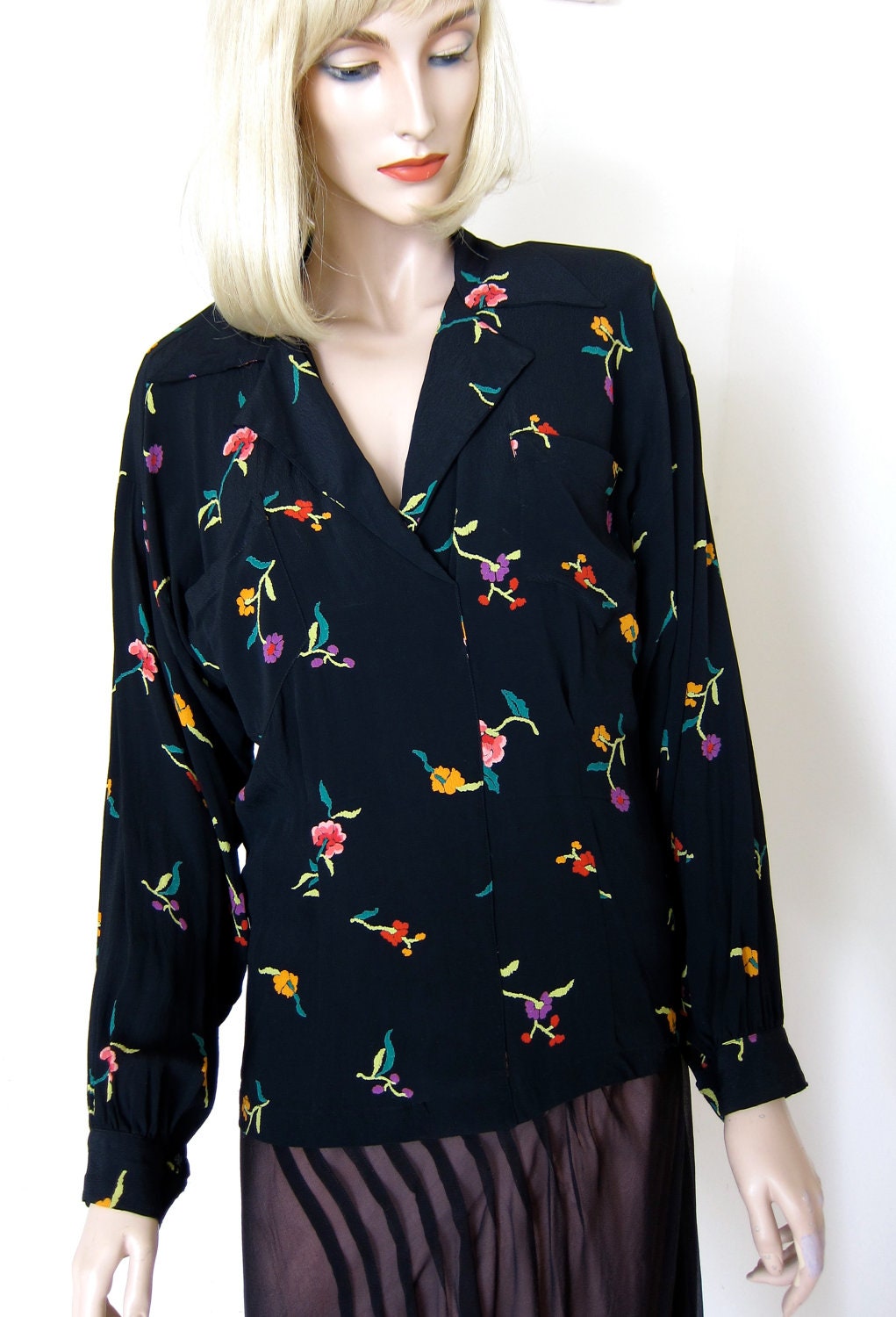 Norma Kamali Vintage Rayon Blouse - 80s Does 40s - Neon Color Pops - Floral Shirt - M